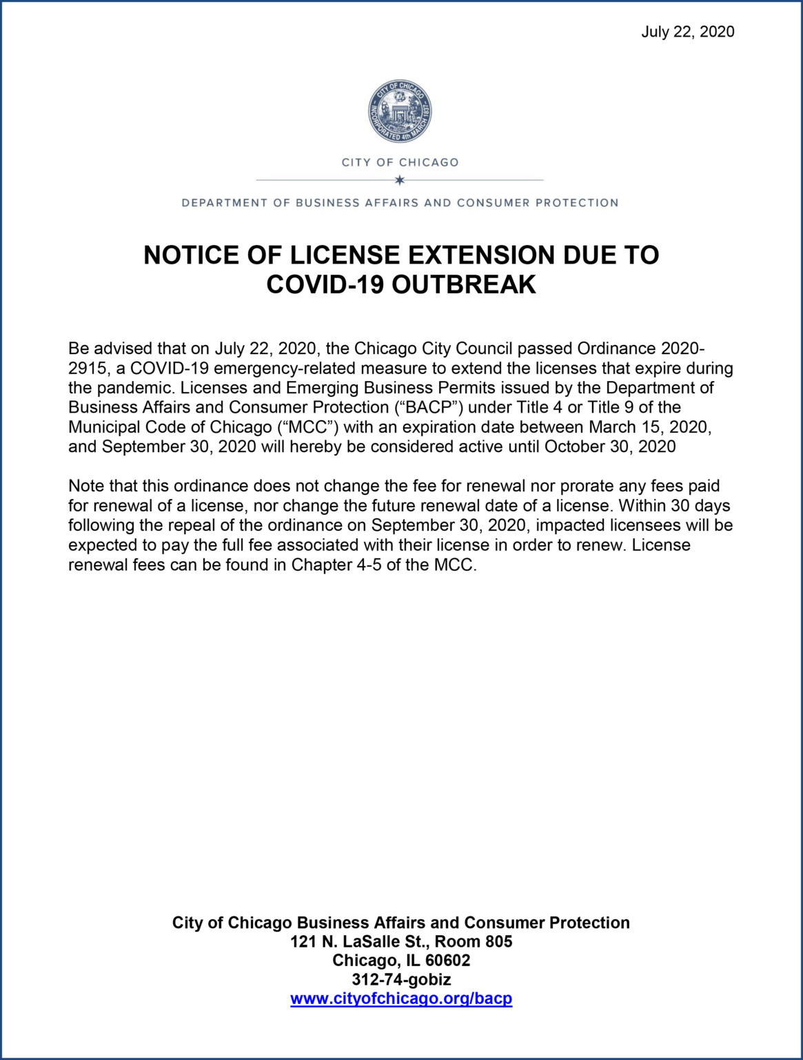 NOTICE OF LICENSE EXTENSION DUE TO COVID19 OUTBREAK Alderman